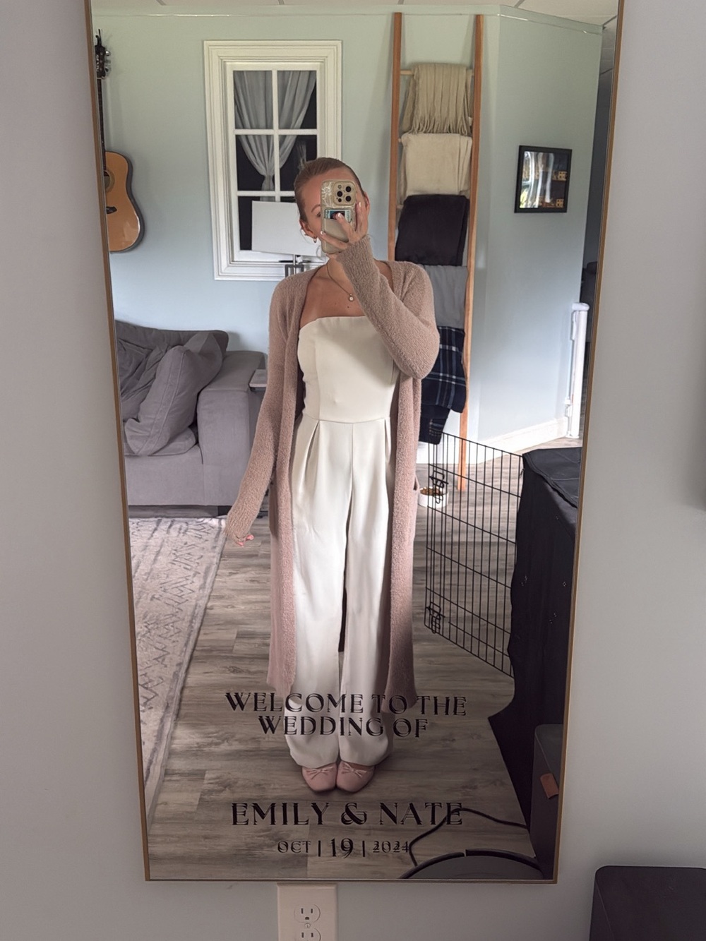 Cream Strapless Wide-Leg Jumpsuit with Blush Long Cardigan